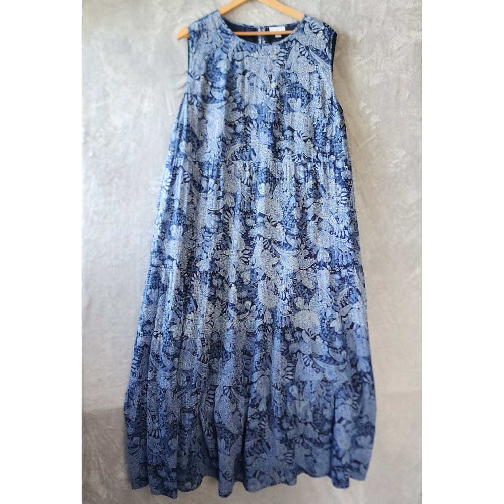 J. Jill Dress Womens Size 2X Blue Paisley Print Cotton Tiered Long Maxi Pockets